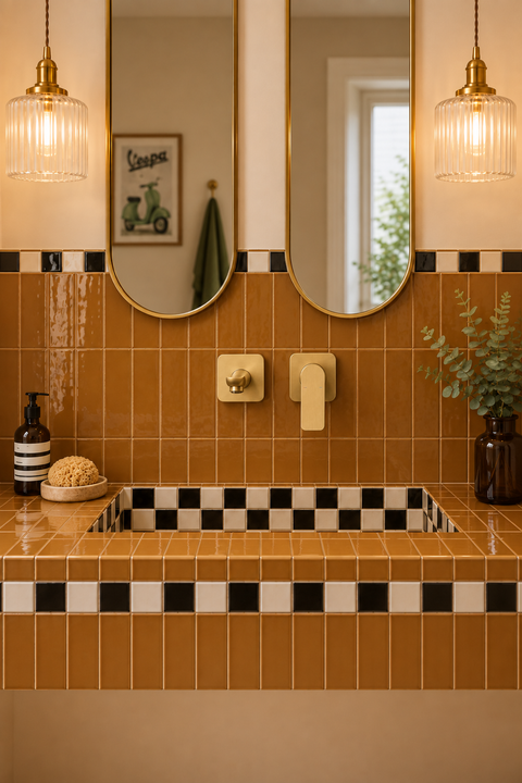 Mitigeur lavabo mural encastré Brenna or brossé Azéo, en situation dans une salle de bain rétro