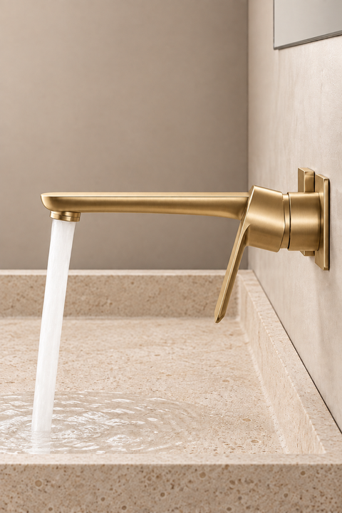 Mitigeur lavabo mural encastré Brenna or brossé Azéo, vue de profil avec écoulement
