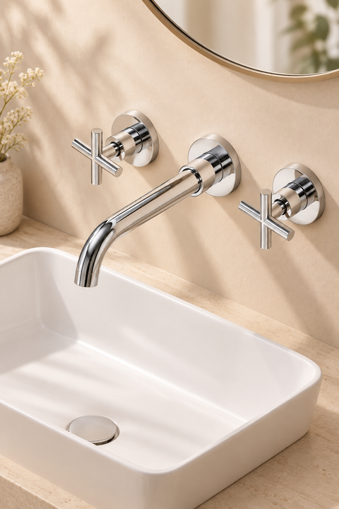 Mitigeur lavabo mural encastré vintage Elmara chromé Azéo, en situation au-dessus d'une vasque à poser rectangulaire