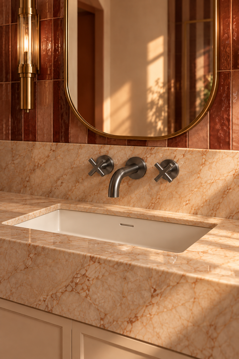 Mitigeur lavabo mural encastré vintage Elmara gris anthracite Azéo, en situation au-dessus d'une vasque encastrée dans un plan en marbre beige