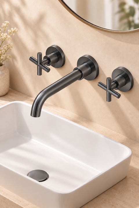 Mitigeur lavabo mural encastré vintage Elmara gris anthracite Azéo, en situation au-dessus d'une vasque à poser rectangulaire