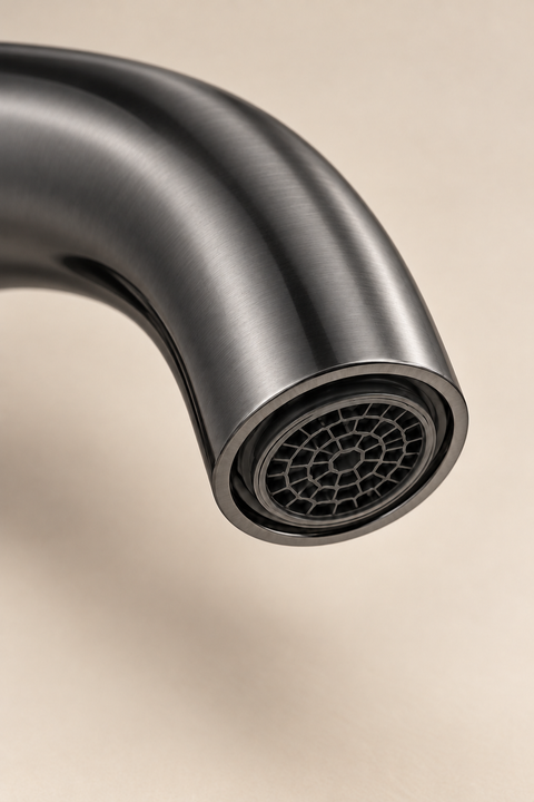 Mitigeur lavabo mural encastré vintage Elmara gris anthracite Azéo, gros plan sur le bec courbe et son aérateur