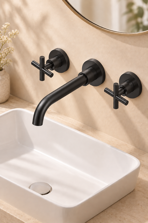 Mitigeur lavabo mural encastré vintage Elmara noir mat Azéo, en situation au-dessus d'une vasque à poser rectangulaire