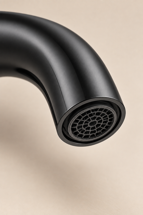 Mitigeur lavabo mural encastré vintage Elmara noir mat Azéo, gros plan sur le bec courbe et son aérateur