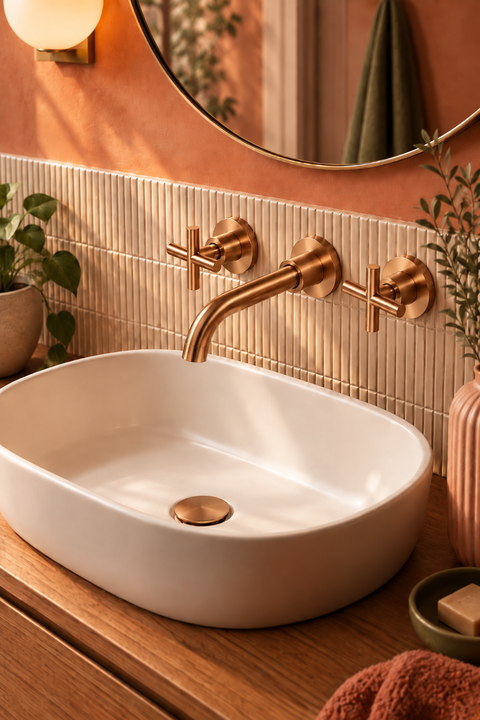 Mitigeur lavabo mural encastré vintage Elmara or rose brossé Azéo, en situation au-dessus d'une vasque à poser ovale, vue rapprochée