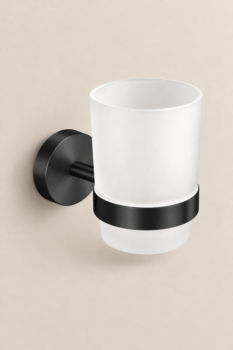 Porte-gobelet mural Kelvor noir mat Azéo, vue produit sur fond beige