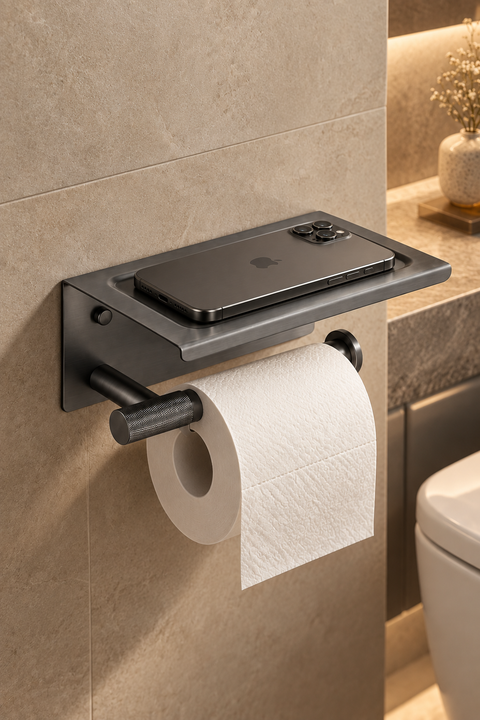 Porte-papier mural avec tablette Brivane gris anthracite Azéo, en situation dans une salle de bain