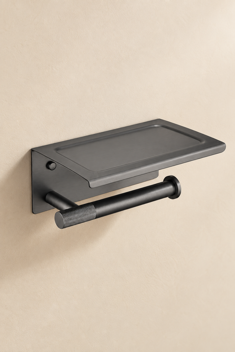 Porte-papier mural avec tablette Brivane gris anthracite Azéo, vue produit sur fond beige