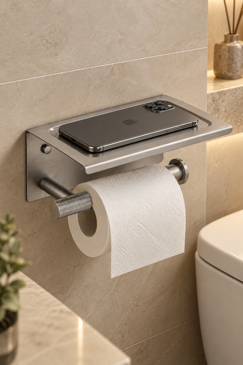 Porte-papier mural avec tablette Brivane gris brossé Azéo, en situation dans une salle de bain