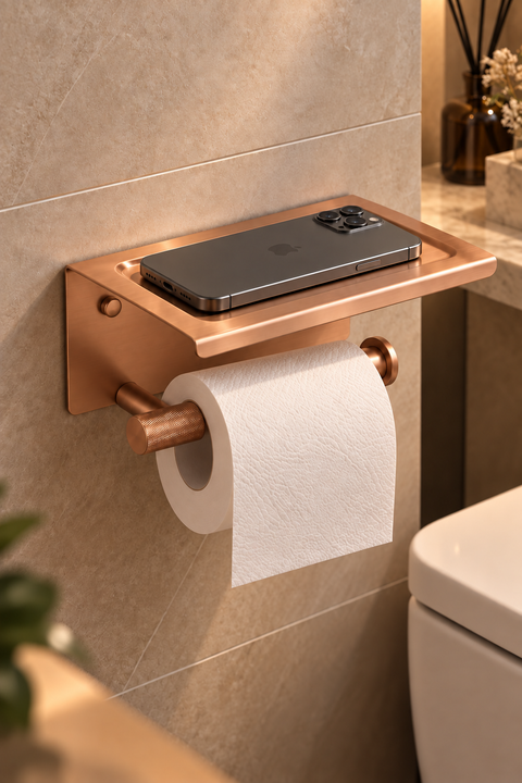 Porte-papier toilette mural Brivane or rose brossé Azéo — tablette avec smartphone posé dessus et rouleau, sur mur en pierre beige près d'un WC suspendu
