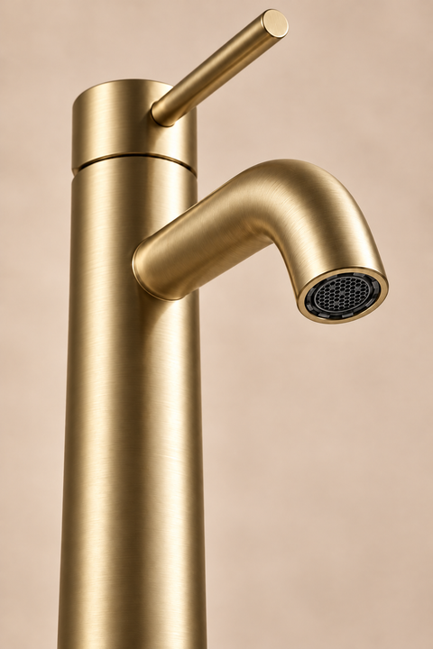 Mitigeur lavabo haut design Sorane or brossé Azéo, gros plan sur la finition